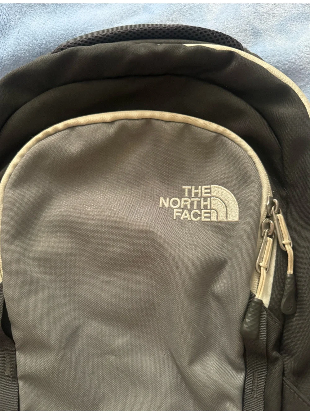 North Face Vault Backpack in Black and Gray with Cream Trim